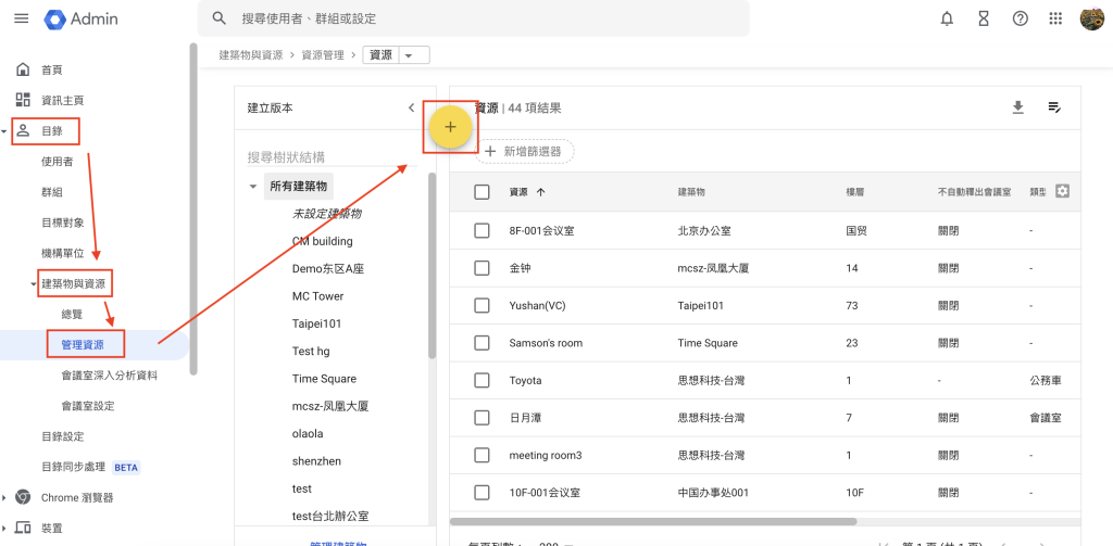 Google Workspace 管理員建到目錄新增會議室資源