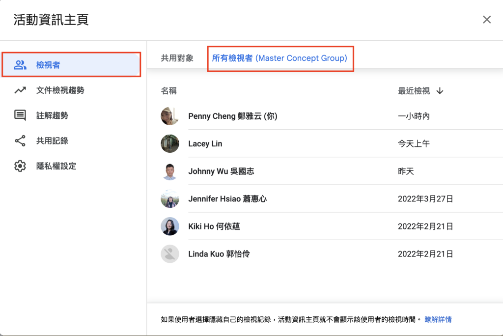 Google Workspace 網域內看到所有檢視者人員