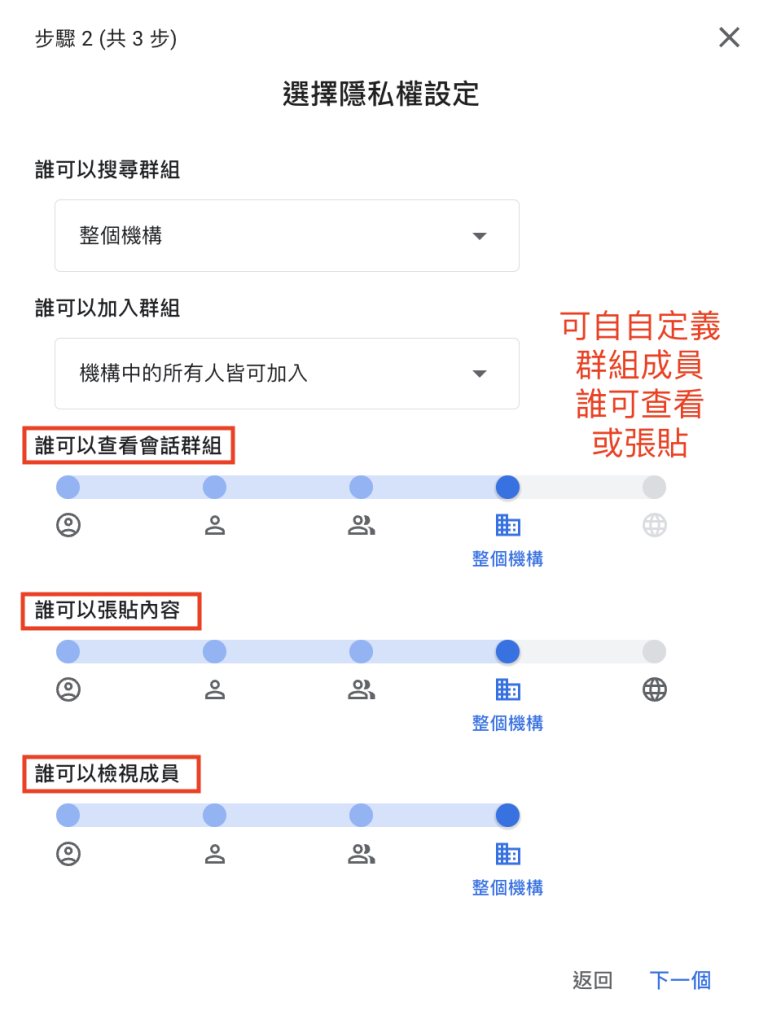 Google Workspace - Gmail 隱私設定中選擇誰可以查看會話群組、張貼內容、檢視成員