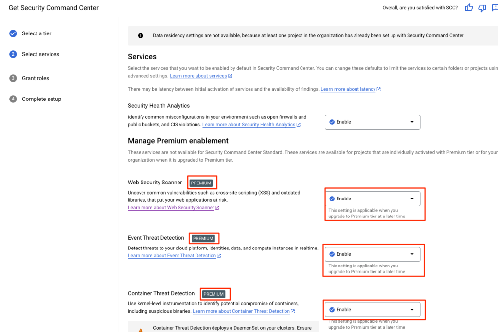 Google Cloud Security Command Center - 選擇要啟用的 SCC Premium 服務