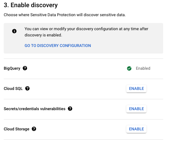 Google Cloud Security Command Center - 選擇 Discovery 要保護的服務