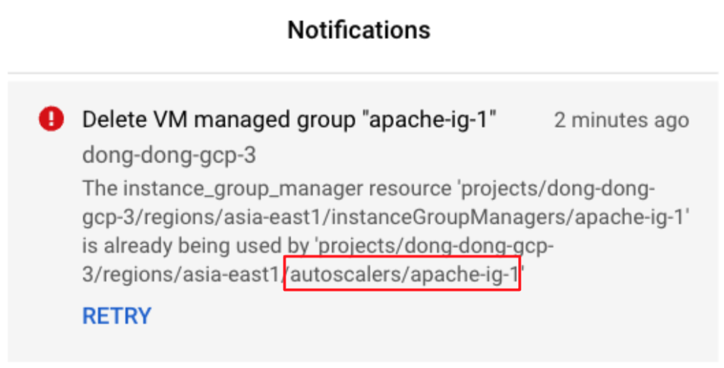 Google Cloud 刪除 Instance Group 的錯誤訊息