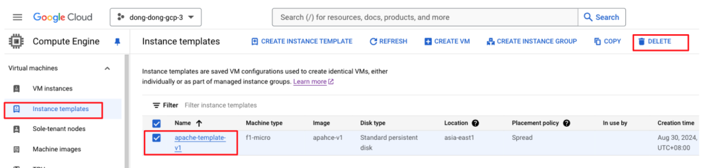 Google Cloud 刪除 Instance Template