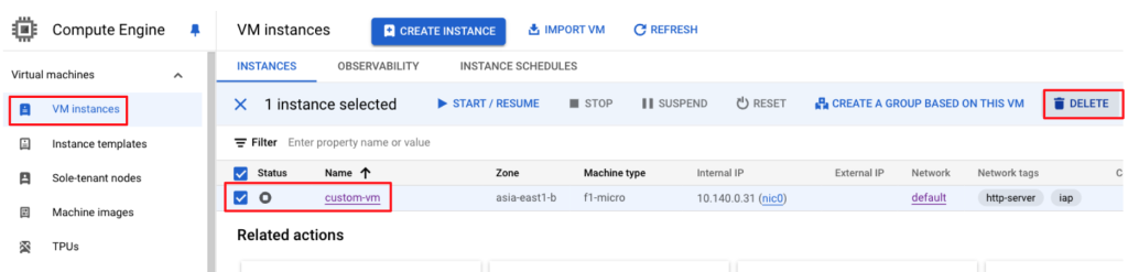 Google Cloud 刪除自訂的主機