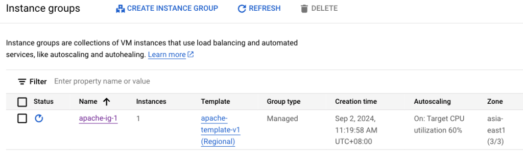 Google Cloud -剛建立 Instance Group 的畫面