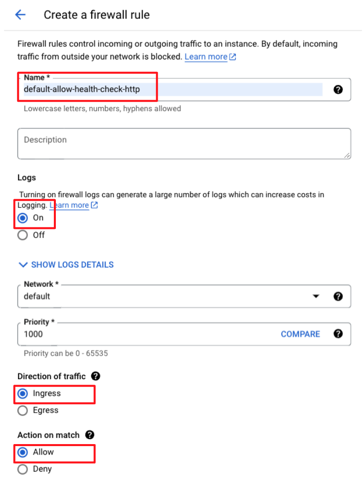 Google Cloud - 設定防火牆規則名稱、方向和動作