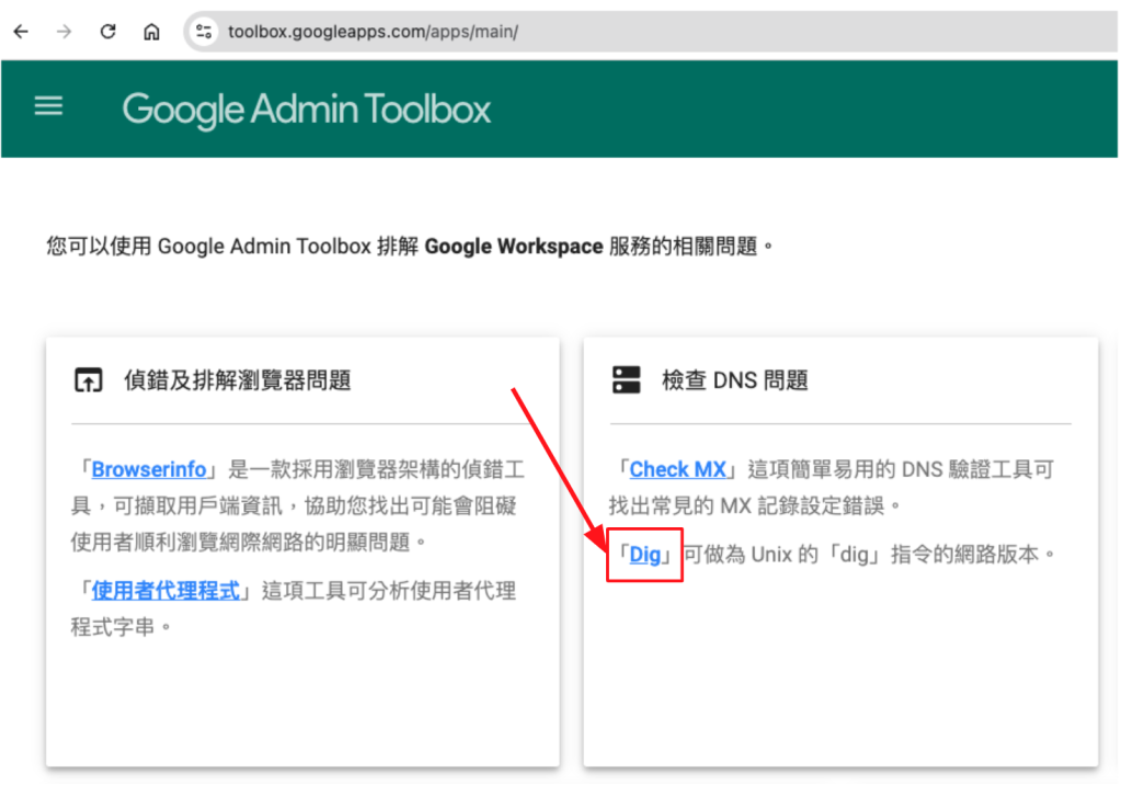 Google Cloud - 前往 Google Admin Toolbox Dig 功能