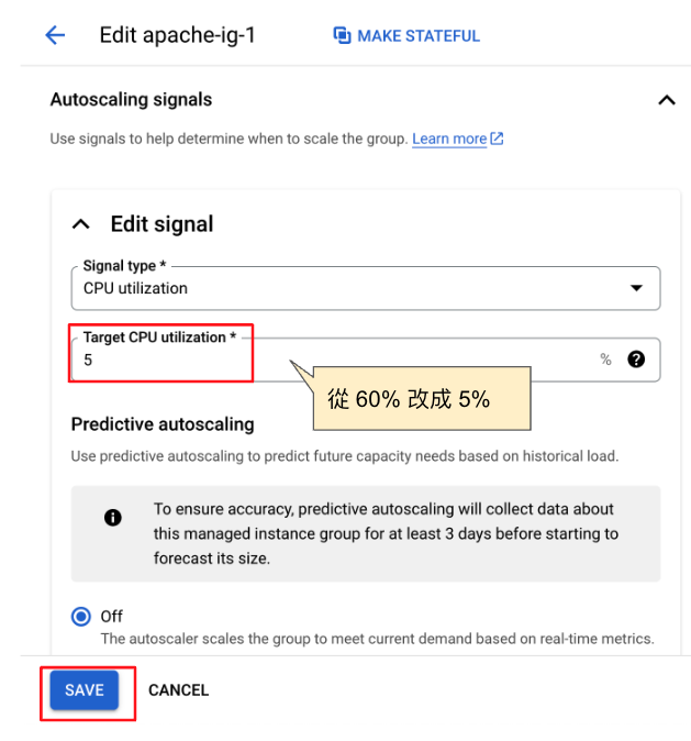 Google Cloud - 修改 Instance Grooup 的 Capacity 從 60% 改成 5%
