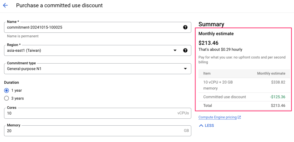 GCP VM 承諾使用折扣 (Committed Usage Discount; CUD), 以資源為基礎的 CUD, N1 CUD 一年的費用與折扣
