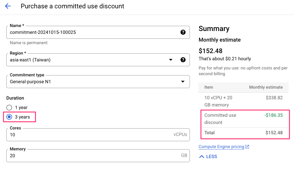 GCP VM 承諾使用折扣 (Committed Usage Discount; CUD), 以資源為基礎的 CUD, N1 CUD 三年的費用與折扣