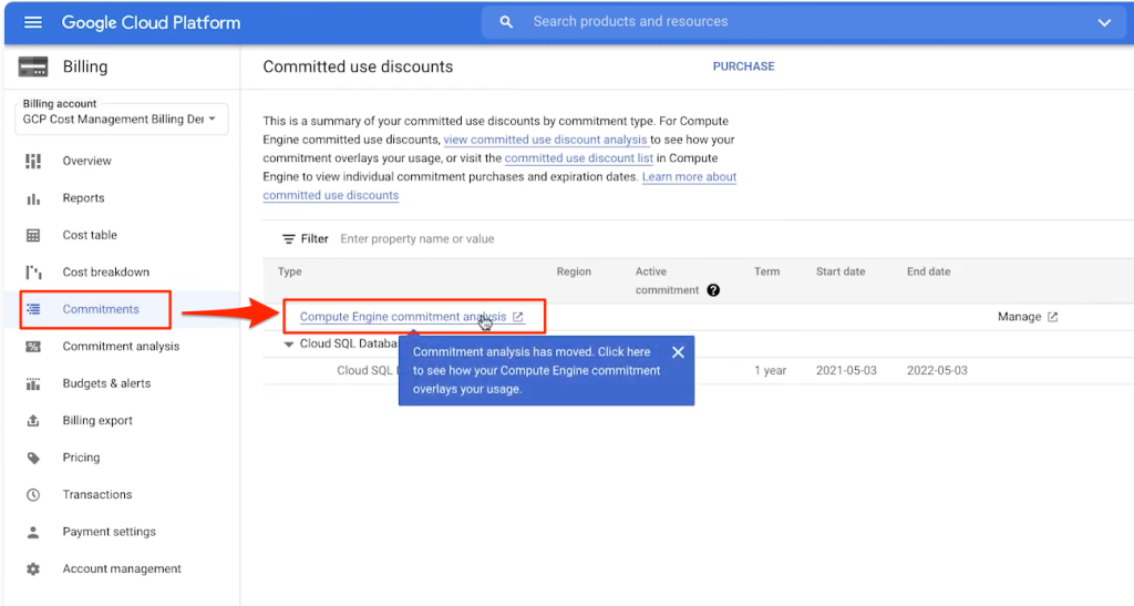 GCP VM 承諾使用折扣 (Committed Usage Discount; CUD), 以資源為基礎的 CUD, 進入 CUD 分析畫面