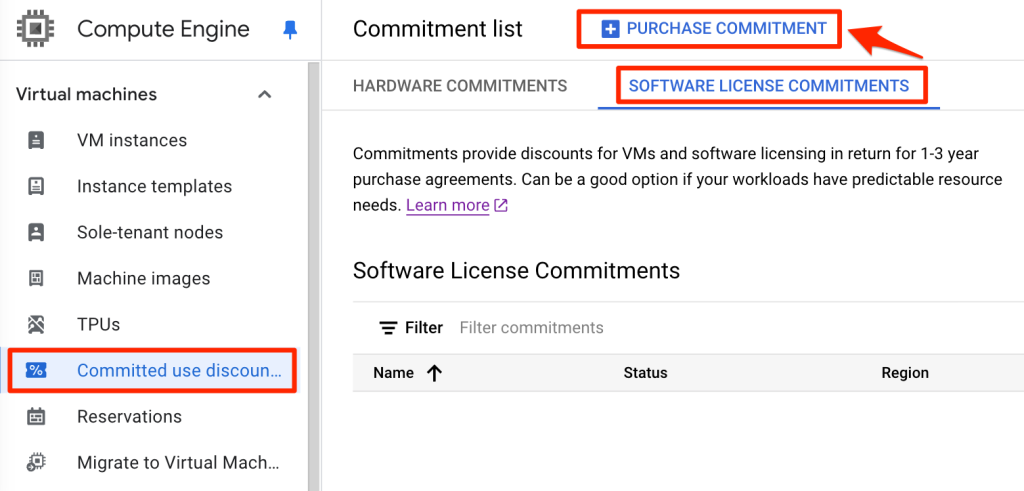 GCP VM 承諾使用折扣 (Committed Usage Discount; CUD), 以資源為基礎的 CUD, 進入作業系統授權的 CUD 設定位置