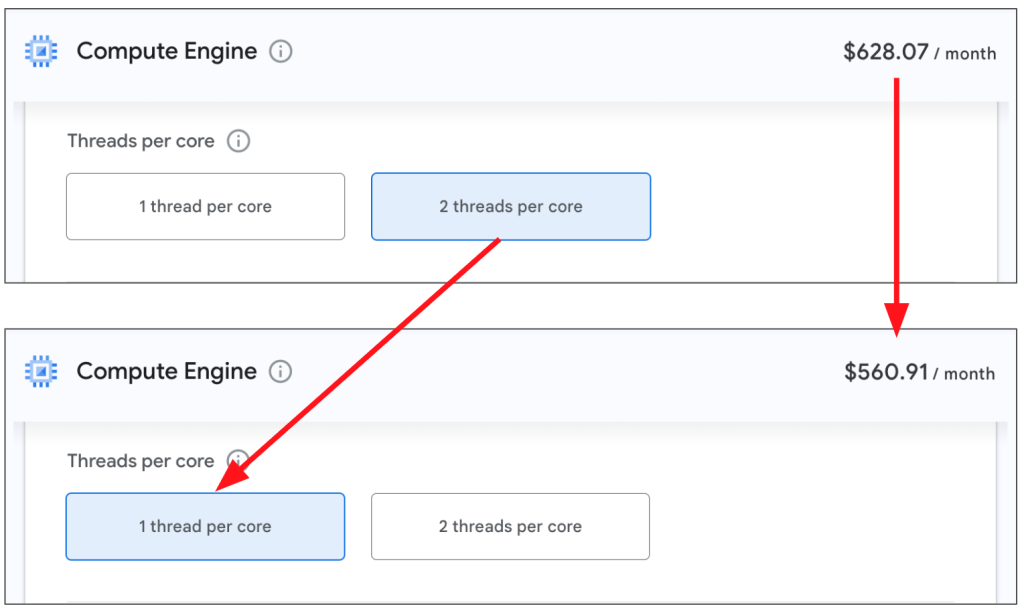 GCP VM 價格計算機-新版 GCP 價格計算機-調整 Threads 數量可以降低主機費用
