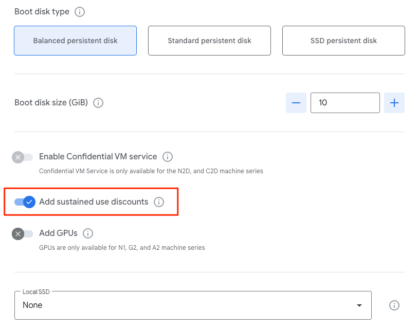 GCP VM 價格計算機-新版 GCP 價格計算機-選擇 Disk 類別與 SUD
