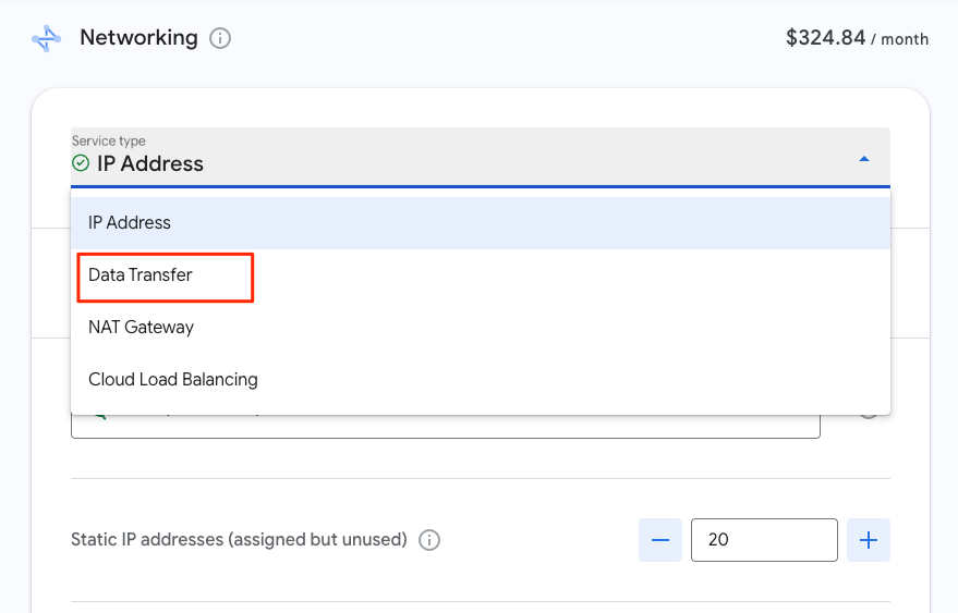 GCP VM 價格計算機-新版 GCP 價格計算機-切換計費項目到 Data Transfer