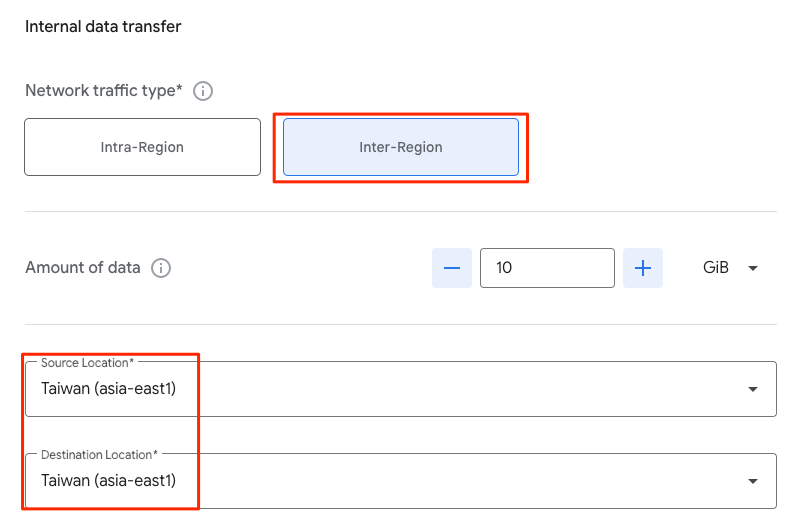 GCP VM 價格計算機-新版 GCP 價格計算機-在 Google 內部 Egress 的流量選項
