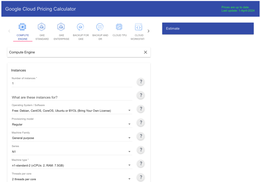 GCP VM 價格計算機-舊版的 GCP 價格計算機首頁