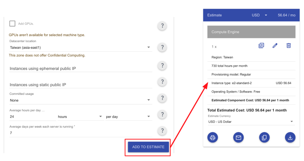 GCP VM 價格計算機-舊版的 GCP 價格計算機-舊版計算機要手動點擊 Add To Estimate 才會出現估價結果