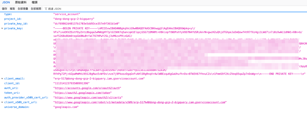 Google Cloud Service Account Key 的內容