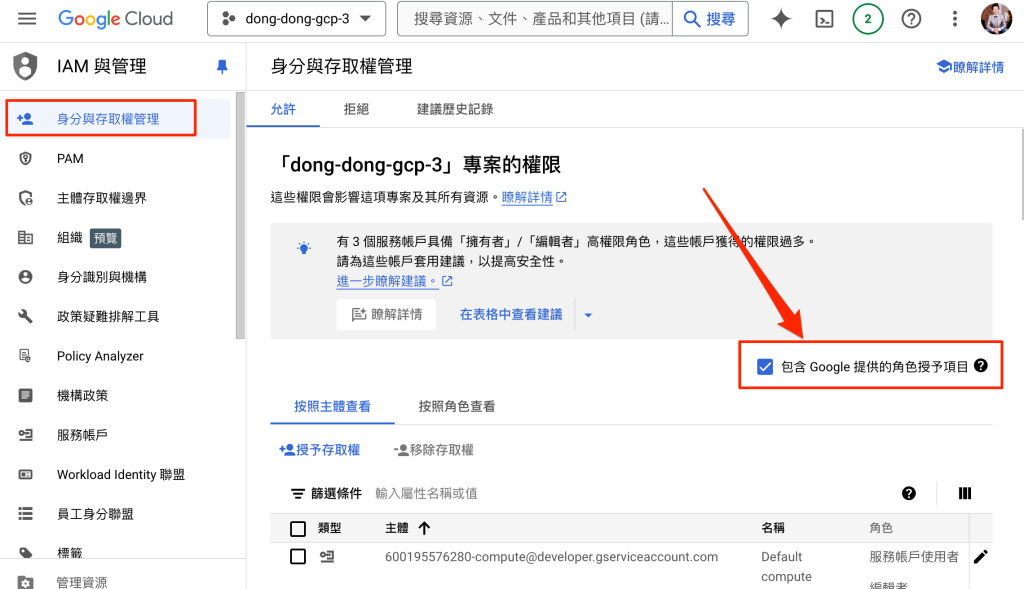 在 IAM 勾選「包含 Google 提供的角色授予項目」